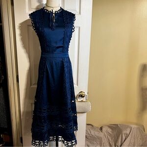 New Strut&Bolt Wms Satin Crochet Scalloped Fit&Flare Cutout Midi Dress Navy M